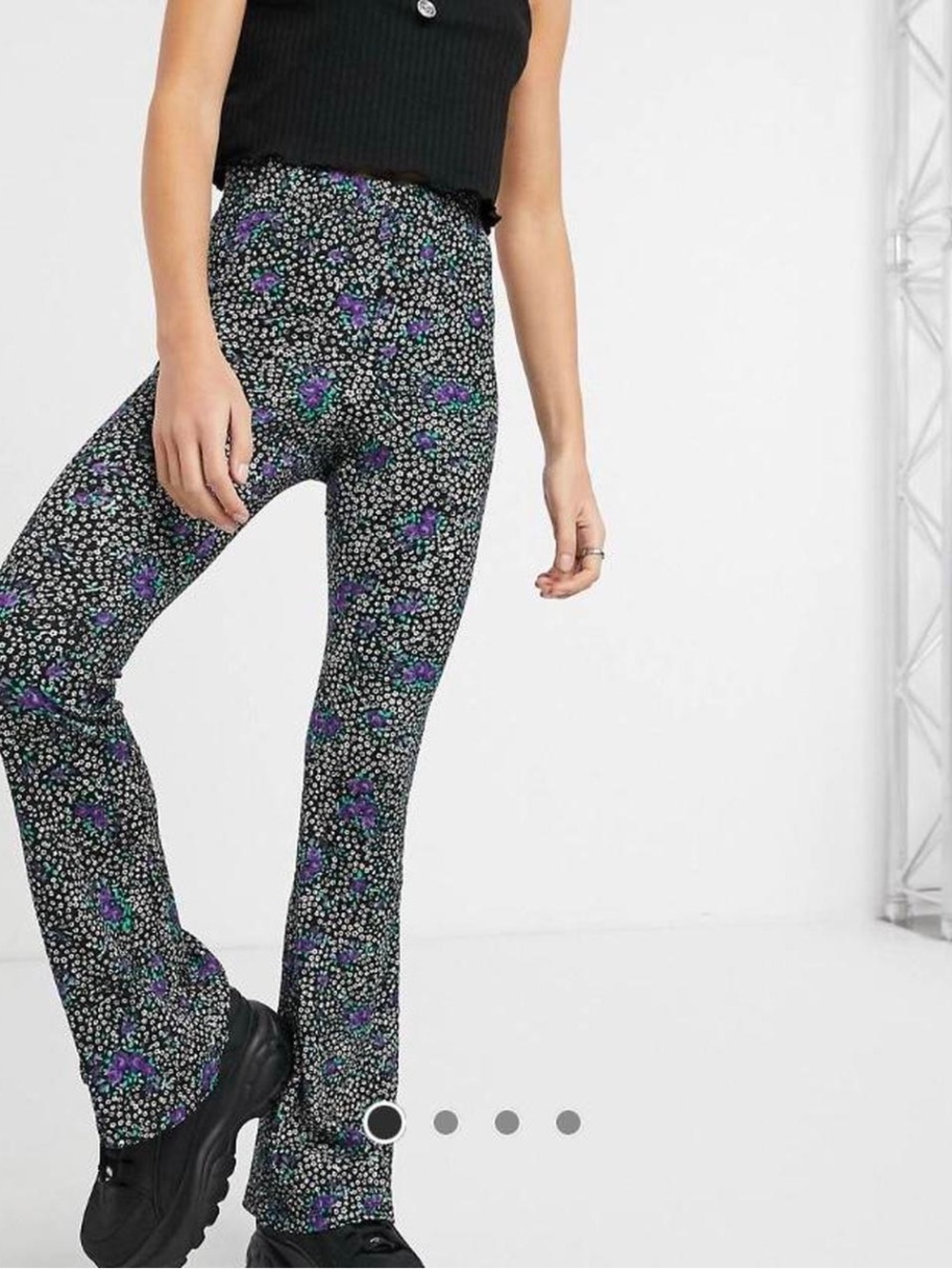 Topshop Ribbed Pull-On Flare Pants, Black White Purple Floral, Women's 8